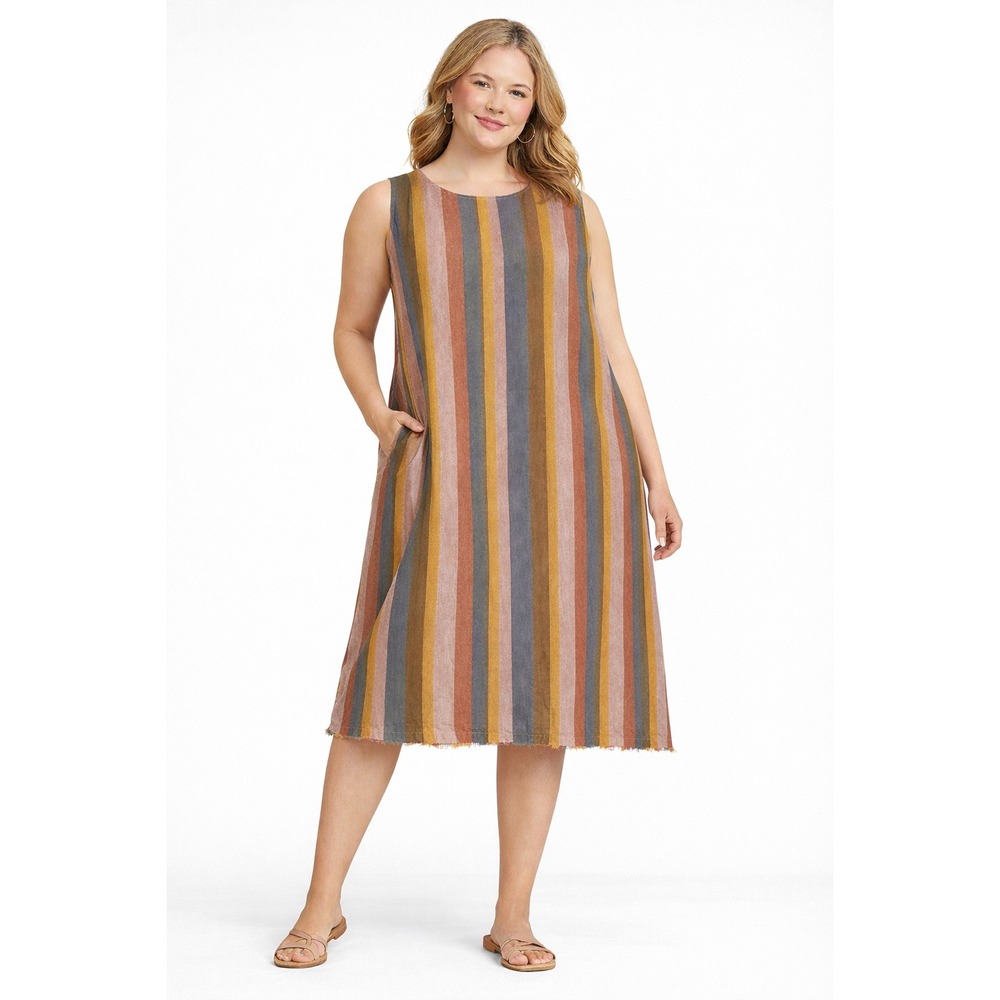 Garnet‎ Hill Linen Striped Midi Dress 16 Coastal Grandma Boho Pockets